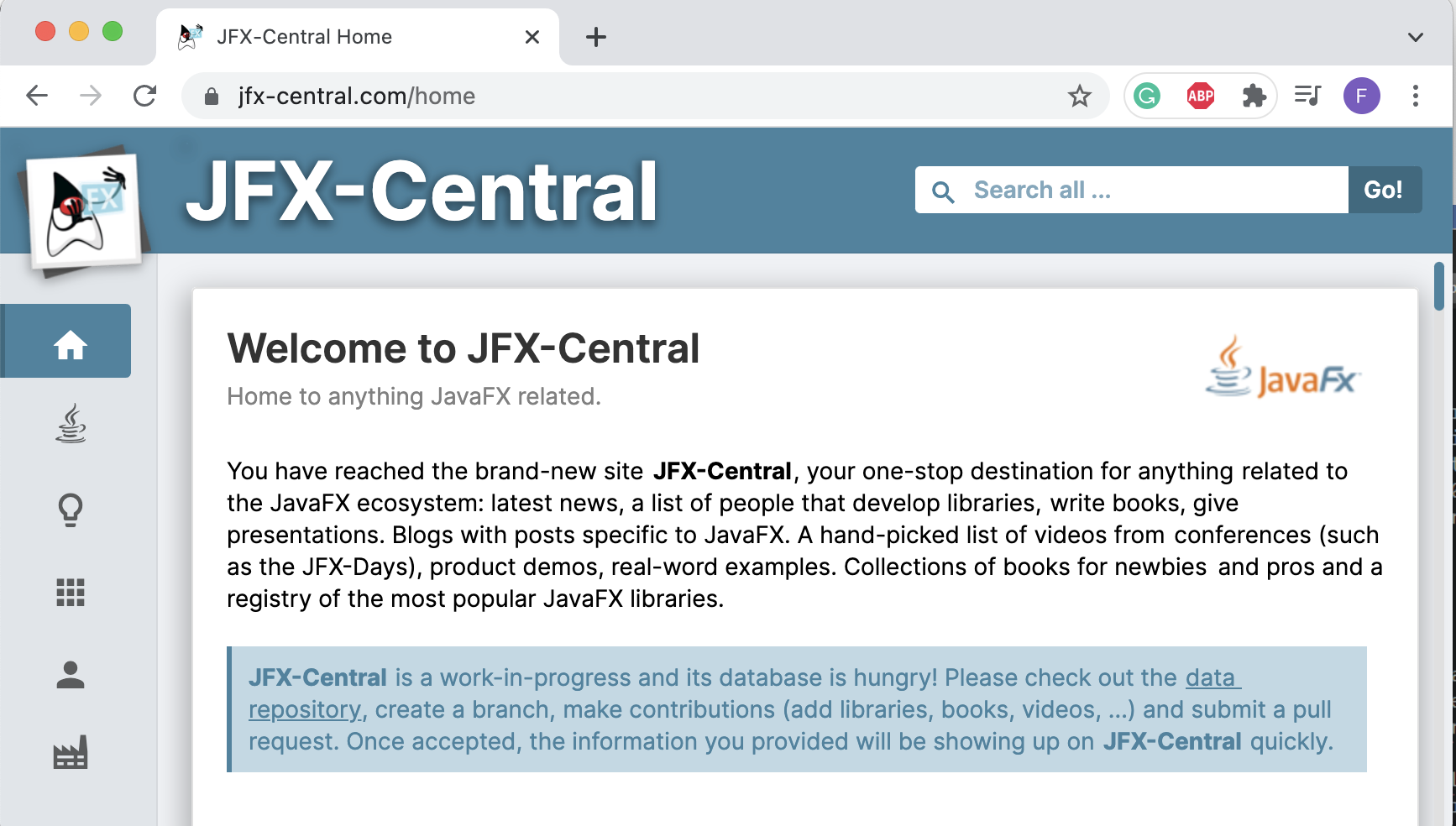 JFX Central opened in the browser
